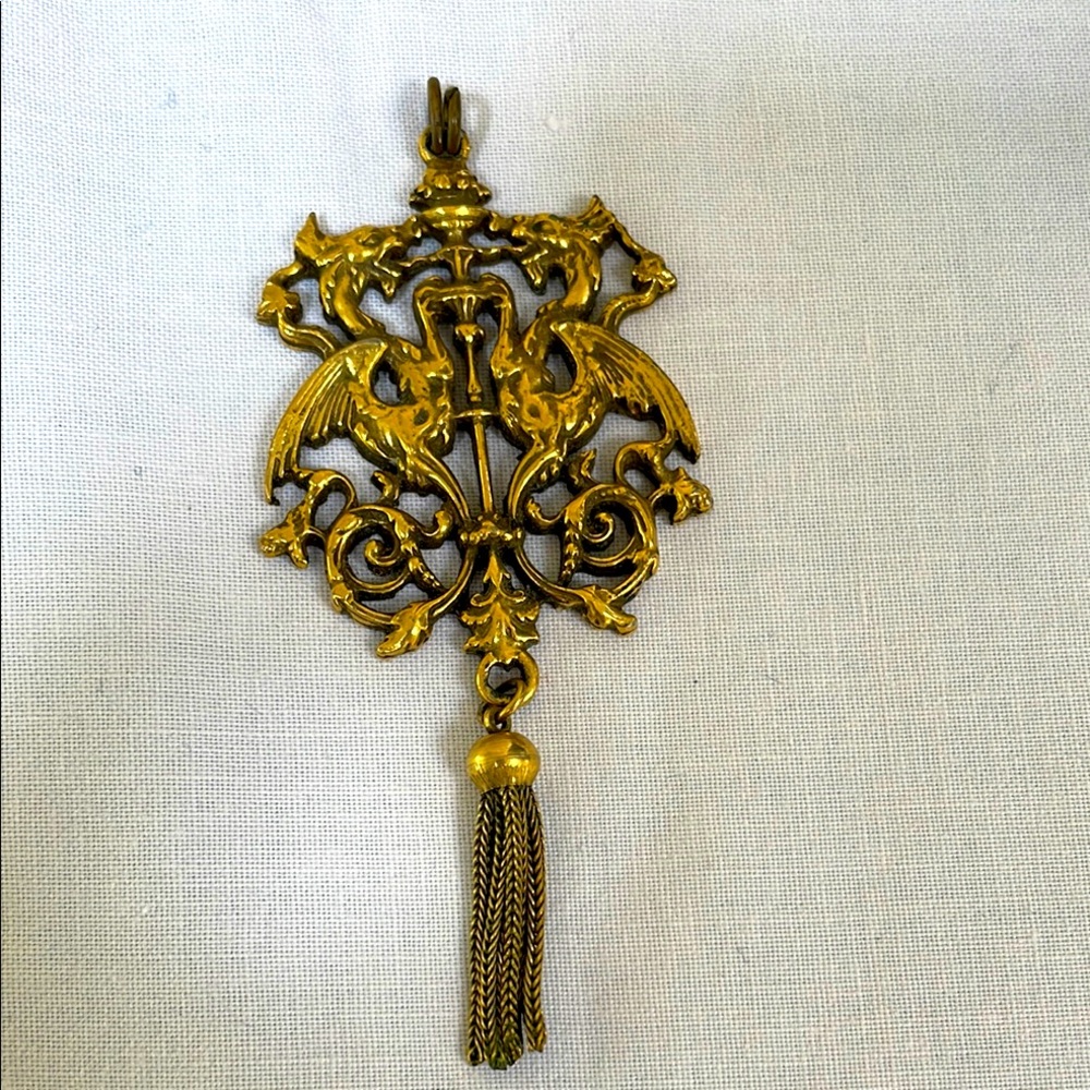 Dragon Crest Ornate Gold tone Pendant with Tassel Assessorcraft NY.